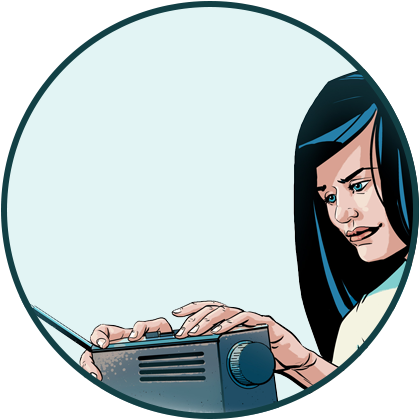 A woman listening to a radio.